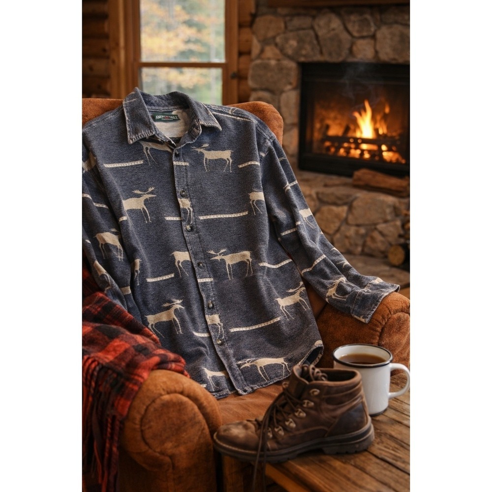 American Eagle Outfitters Mens Blue Moose Print Cotton Flannel Shirt Large USA